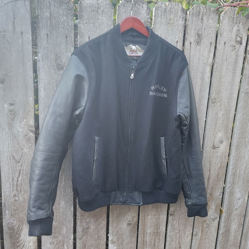 Harley-Davidson Wool Motorcycle Jacket with Leather Sleeves Men's Size L